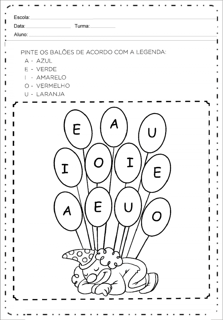 pinte os baloes de acordo com a vogal